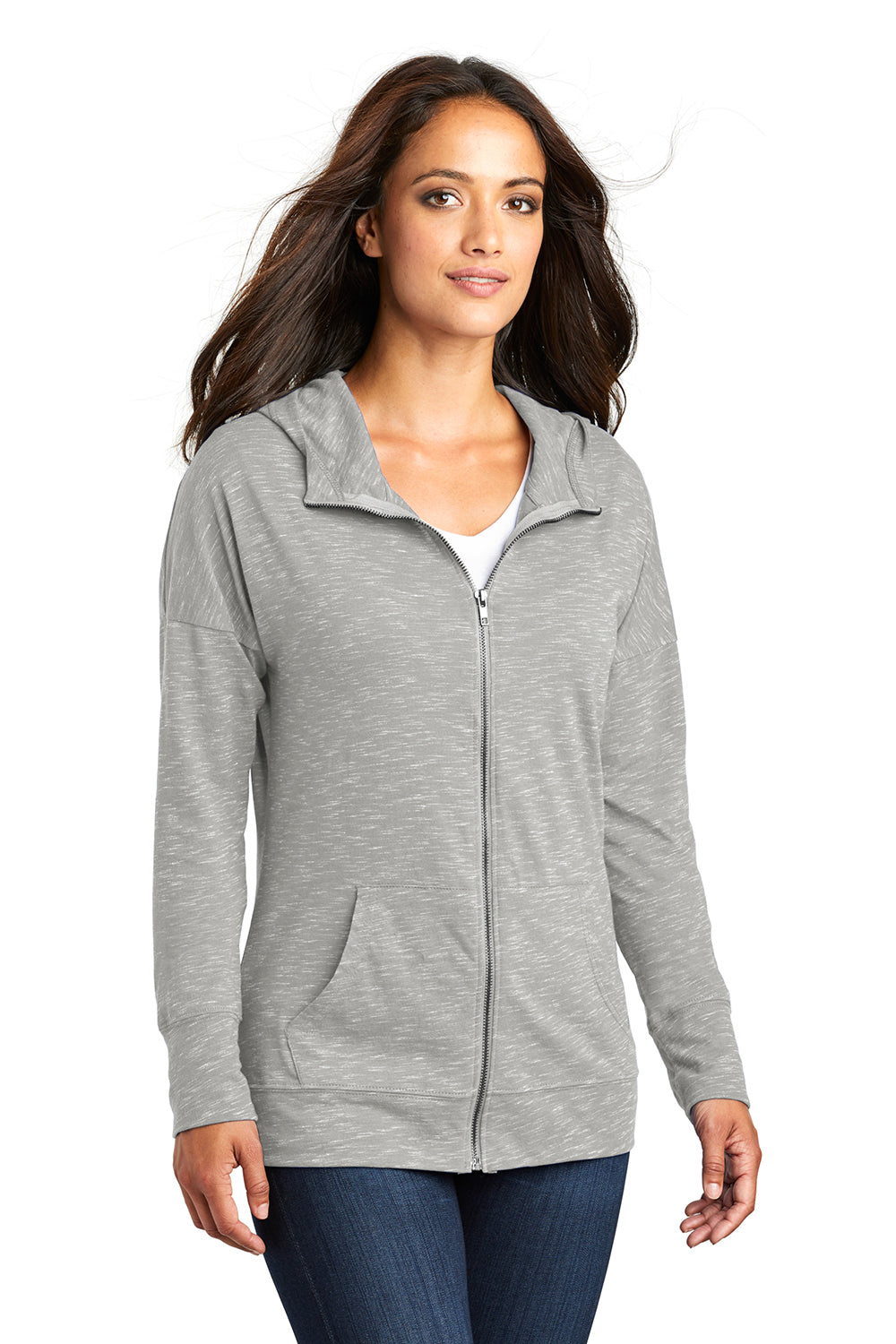 District DT665 Womens Medal Full Zip Hooded Sweatshirt Hoodie Light Grey Model 3q