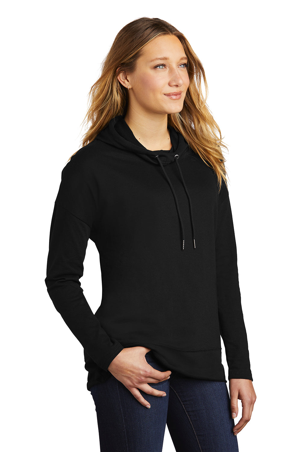 District DT671 Womens French Terry Hooded T-Shirt Hoodie Black Model 3q