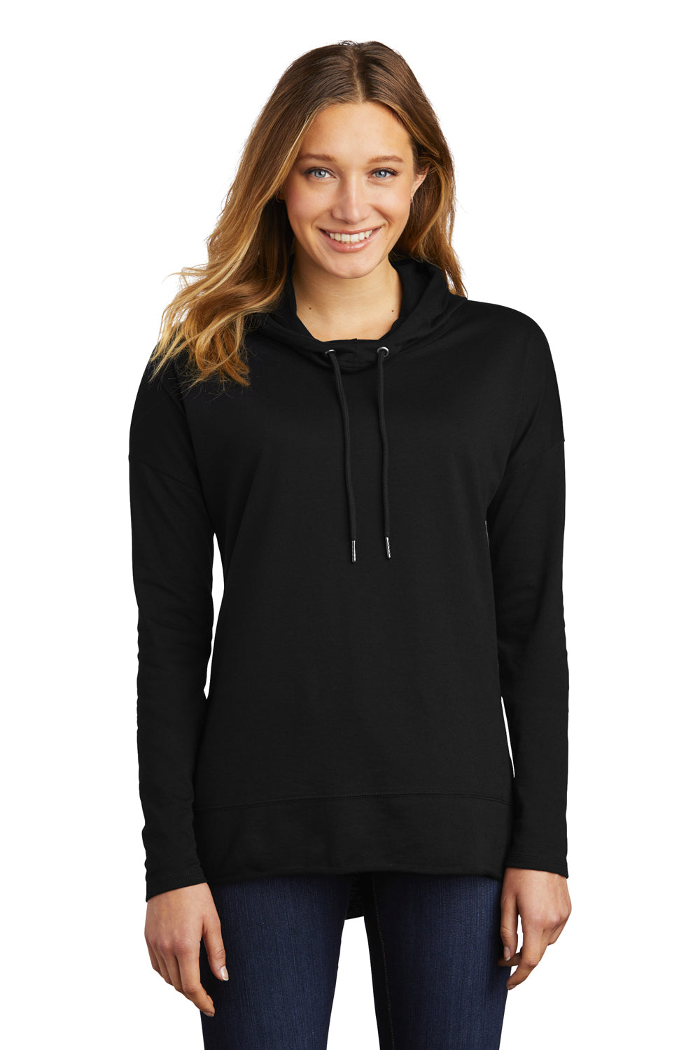 District DT671 Womens French Terry Hooded T-Shirt Hoodie Black Model Front