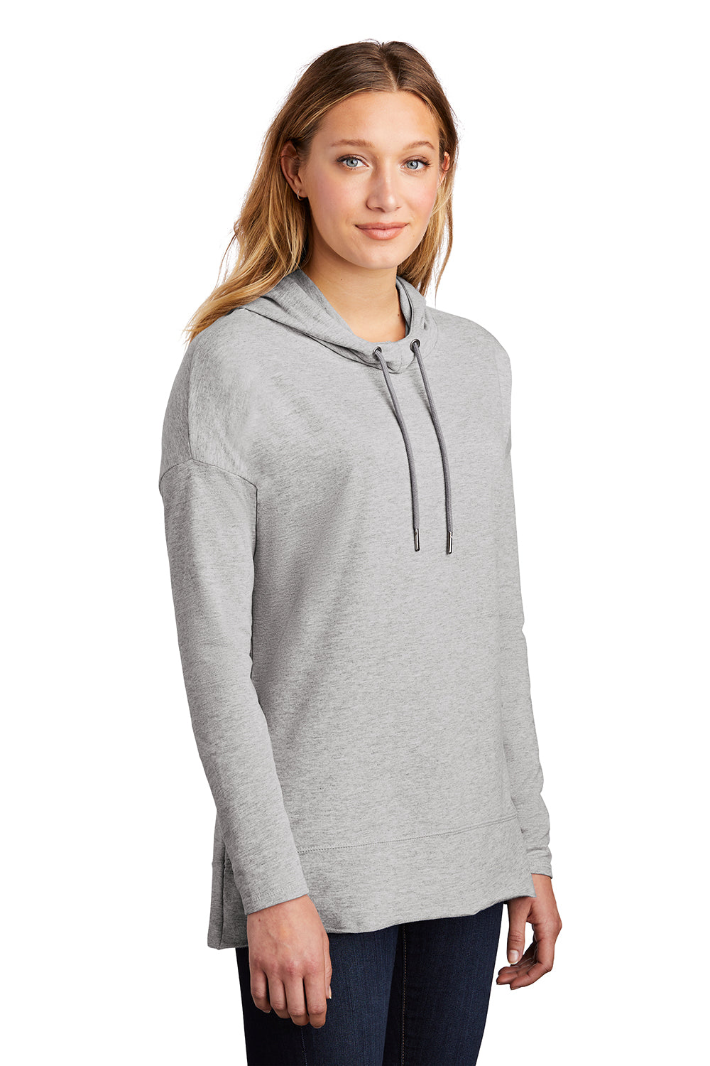 District DT671 Womens French Terry Hooded T-Shirt Hoodie Heather Light Grey Model 3q