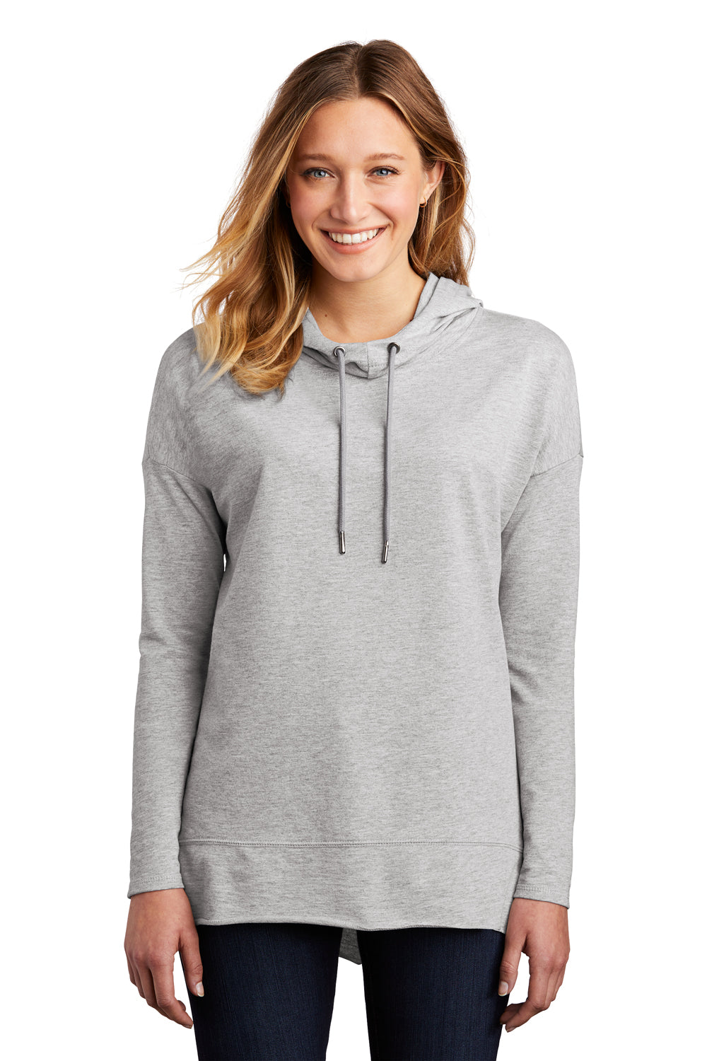 District DT671 Womens French Terry Hooded T-Shirt Hoodie Heather Light Grey Model Front