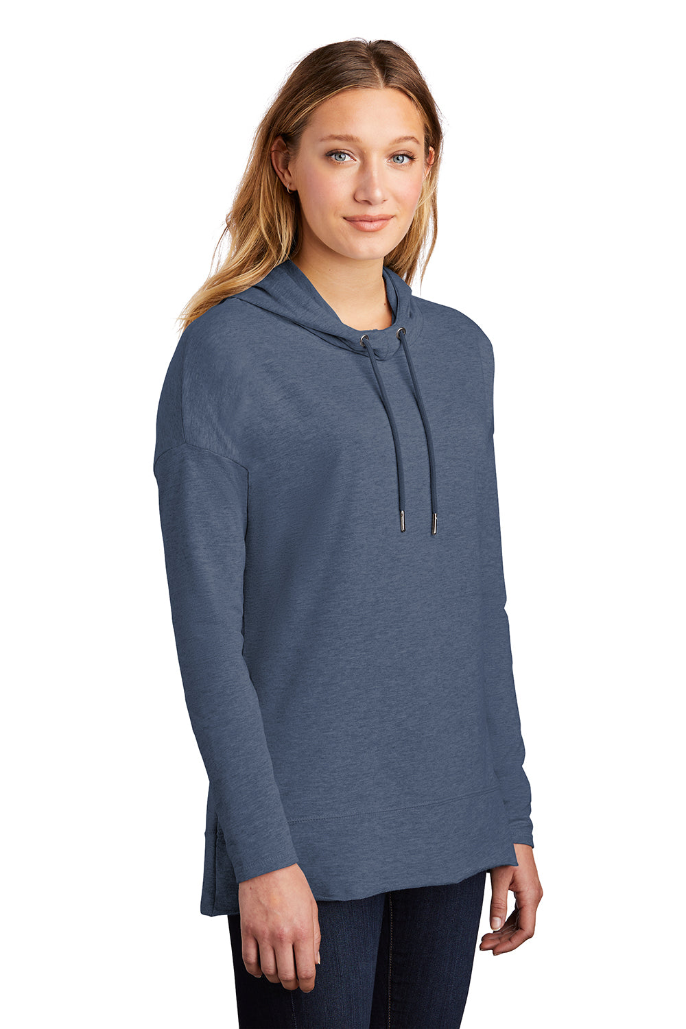 District DT671 Womens French Terry Hooded T-Shirt Hoodie Washed Indigo Blue Model 3q