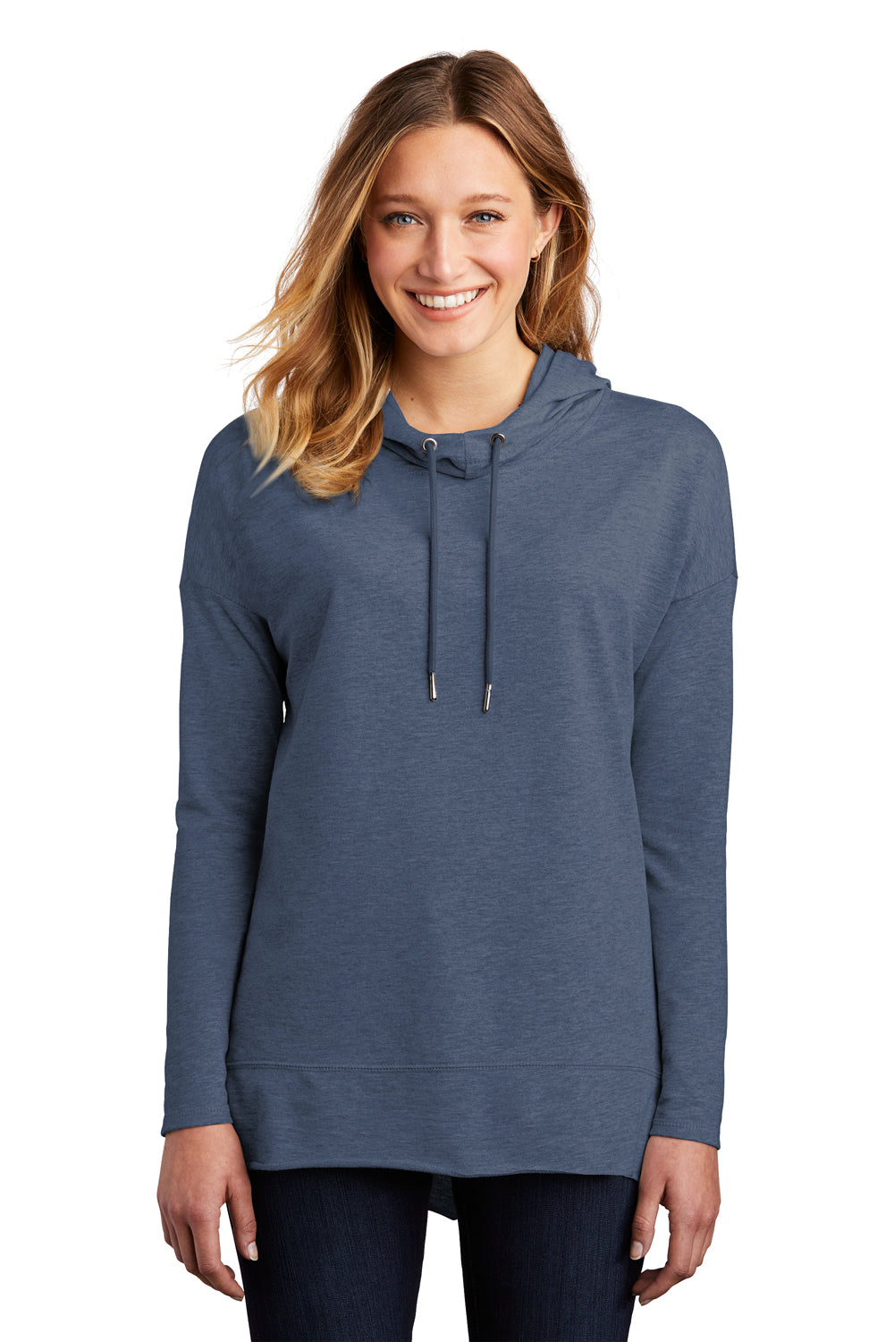 District DT671 Womens French Terry Hooded T-Shirt Hoodie Washed Indigo Blue Model Front