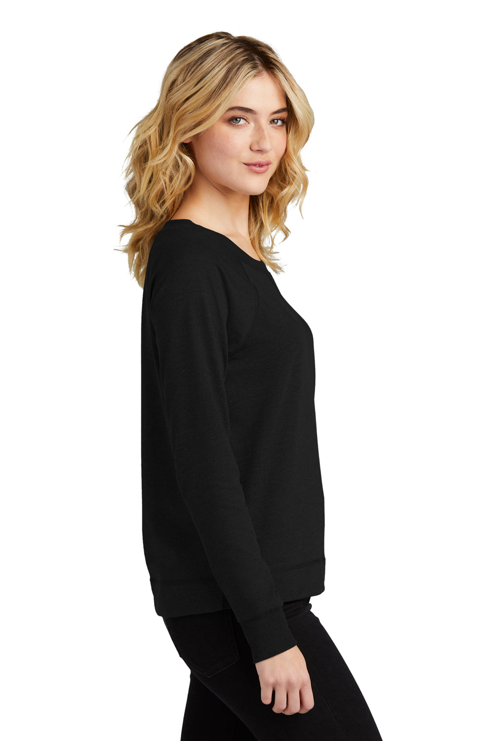 District DT672 Womens French Terry Crewneck Sweatshirt Black Model Side