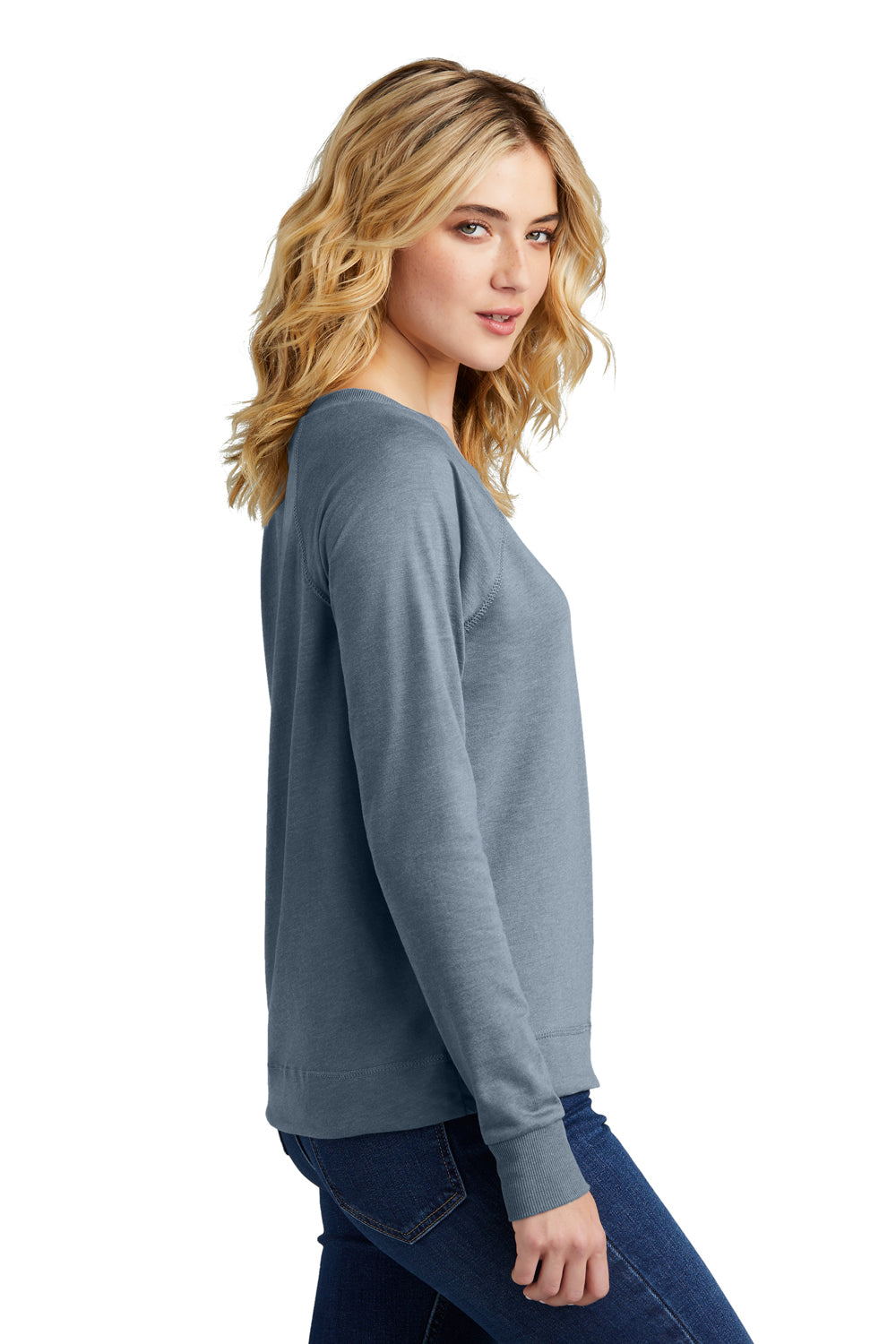 District DT672 Womens French Terry Crewneck Sweatshirt Heather Flint Blue Model Side