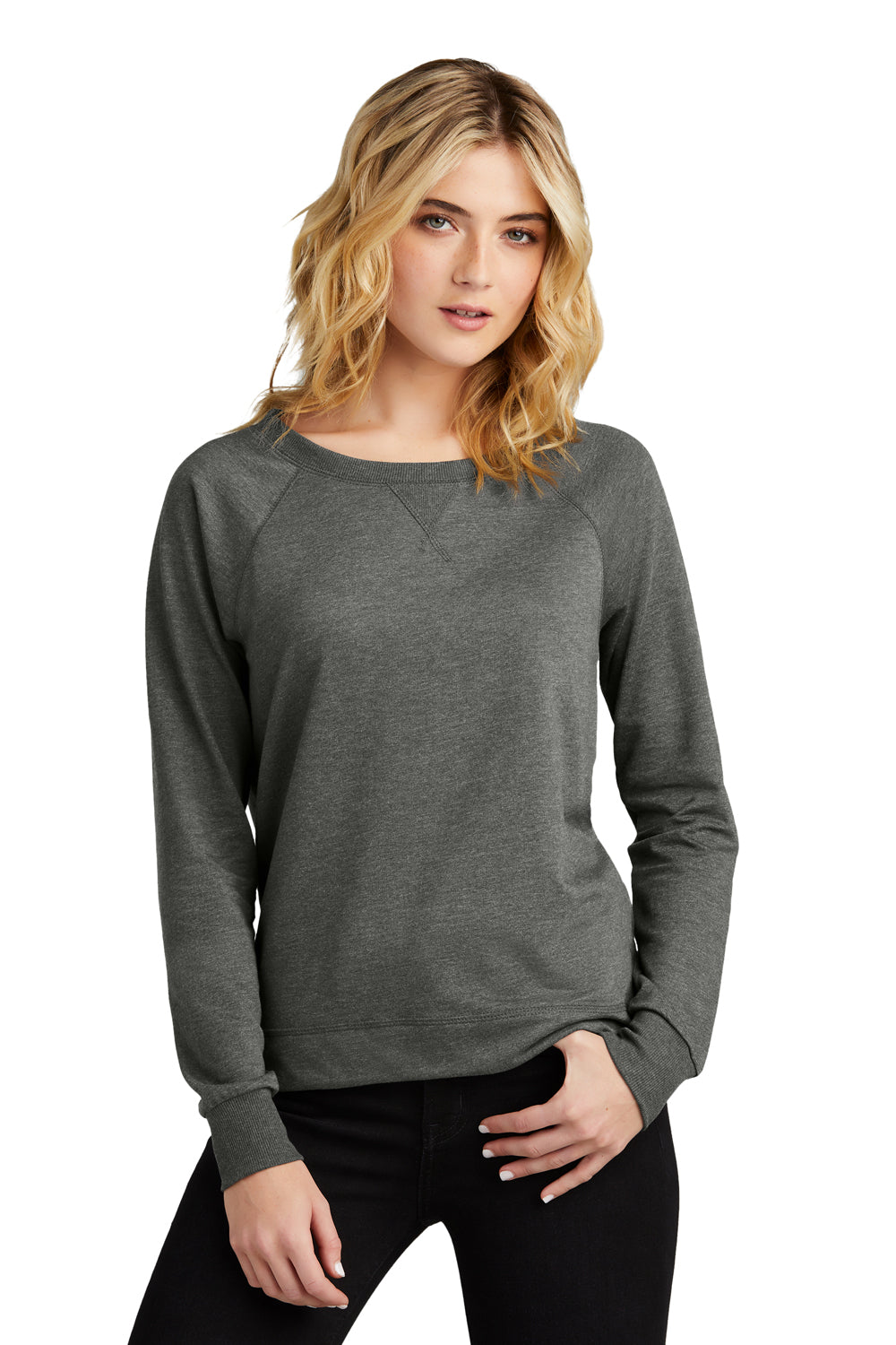 District DT672 Womens French Terry Crewneck Sweatshirt Washed Coal Grey Model Front