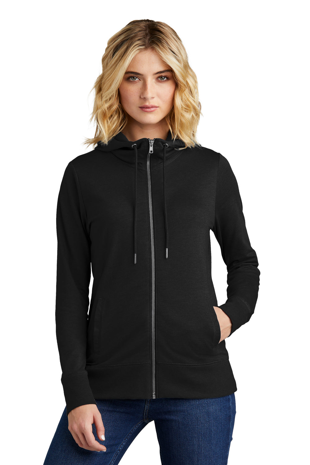 District DT673 Womens French Terry Full Zip Hooded Sweatshirt Hoodie Black Model Front