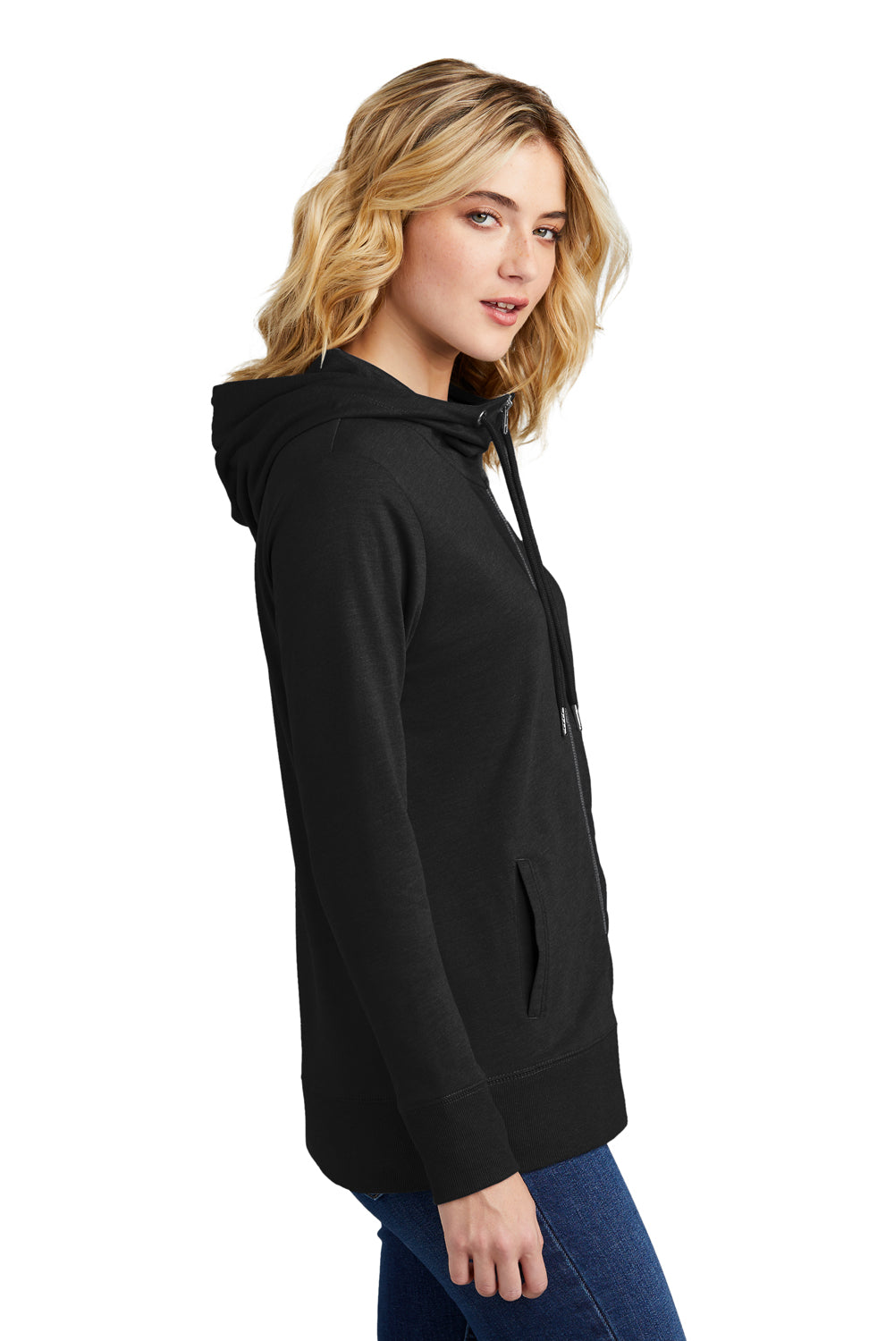 District DT673 Womens French Terry Full Zip Hooded Sweatshirt Hoodie Black Model Side