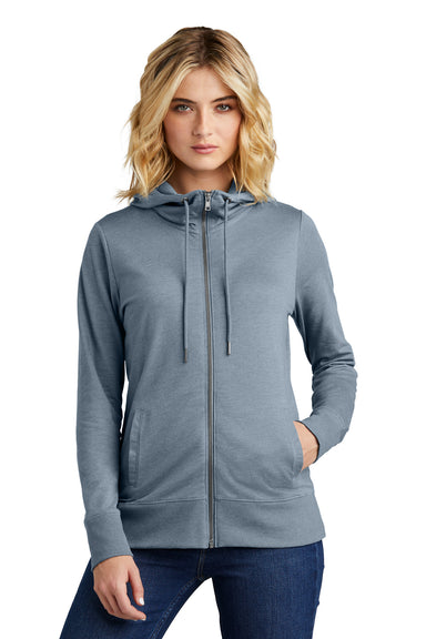 District DT673 Womens French Terry Full Zip Hooded Sweatshirt Hoodie Heather Flint Blue Model Front