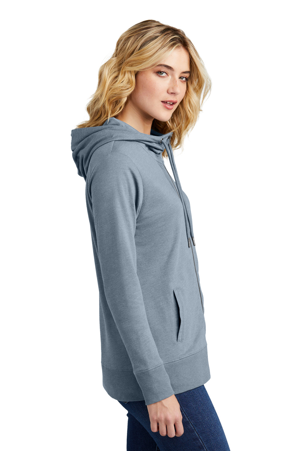 District DT673 Womens French Terry Full Zip Hooded Sweatshirt Hoodie Heather Flint Blue Model Side