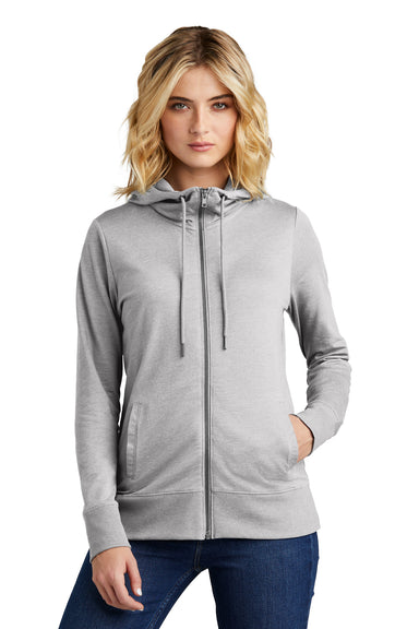 District DT673 Womens French Terry Full Zip Hooded Sweatshirt Hoodie Heather Light Grey Model Front