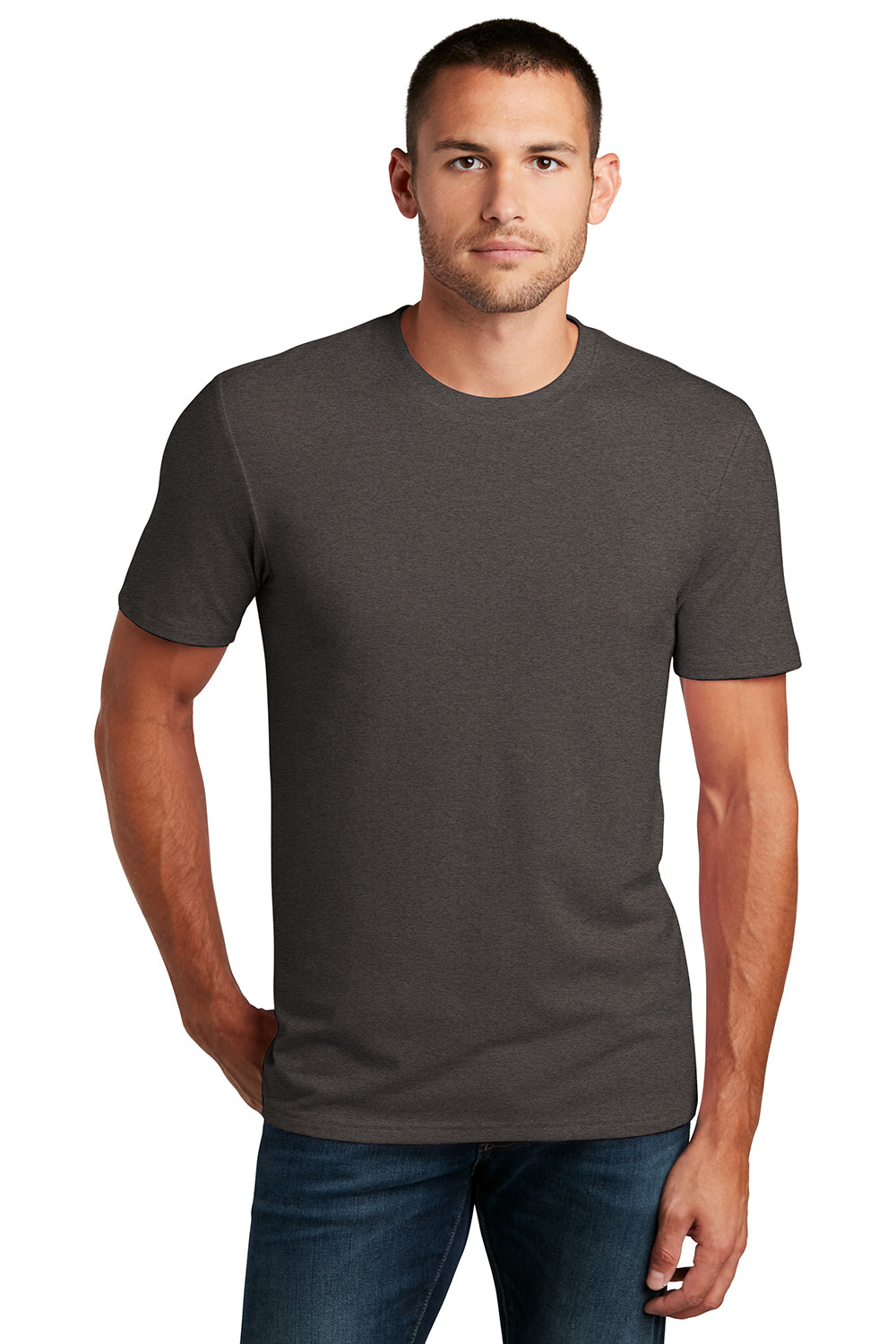 District DT7500 Mens Flex Short Sleeve Crewneck T-Shirt Heather Charcoal Grey Model Front