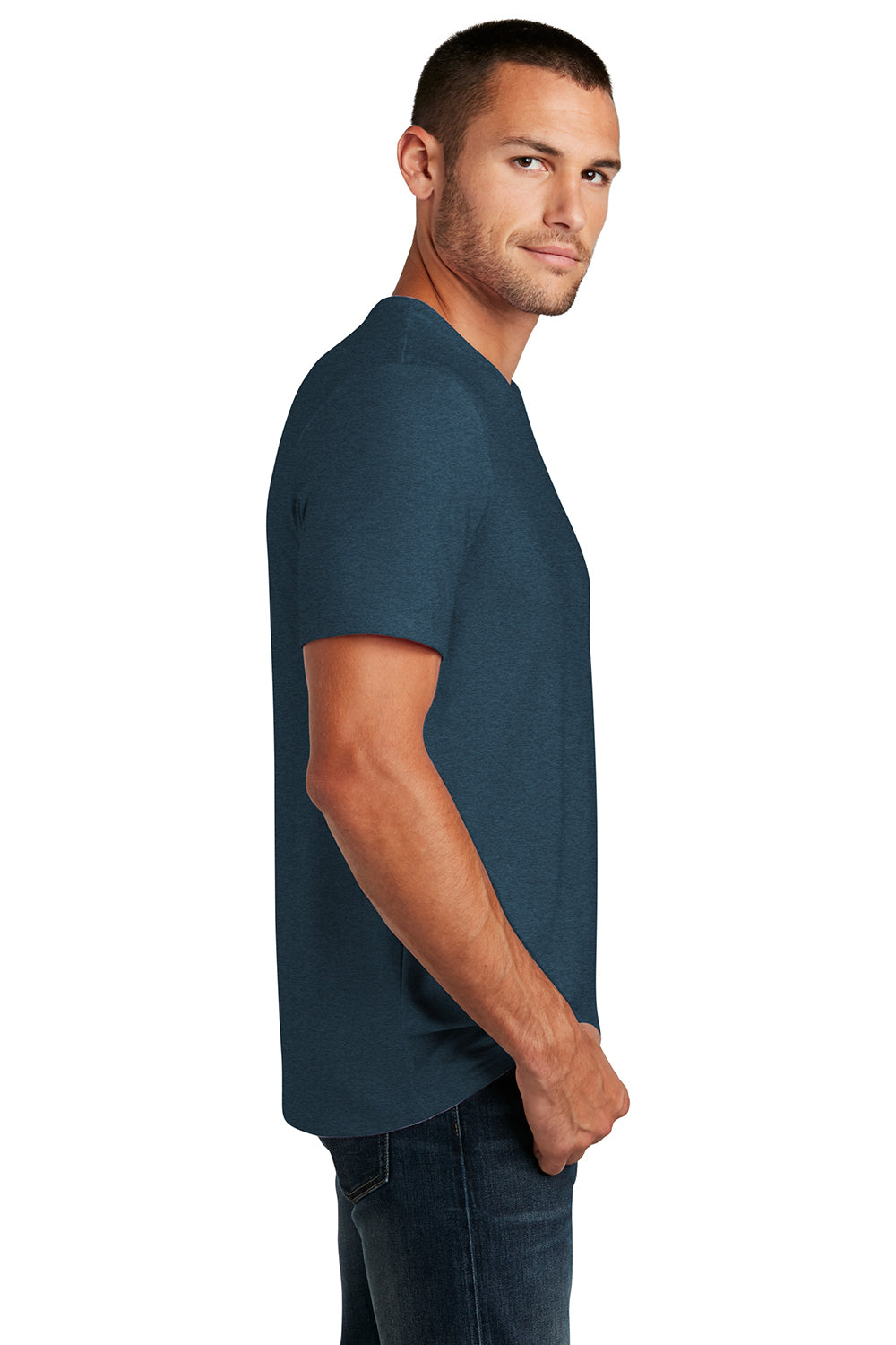 District DT7500 Mens Flex Short Sleeve Crewneck T-Shirt Heather Neptune Blue Model Side