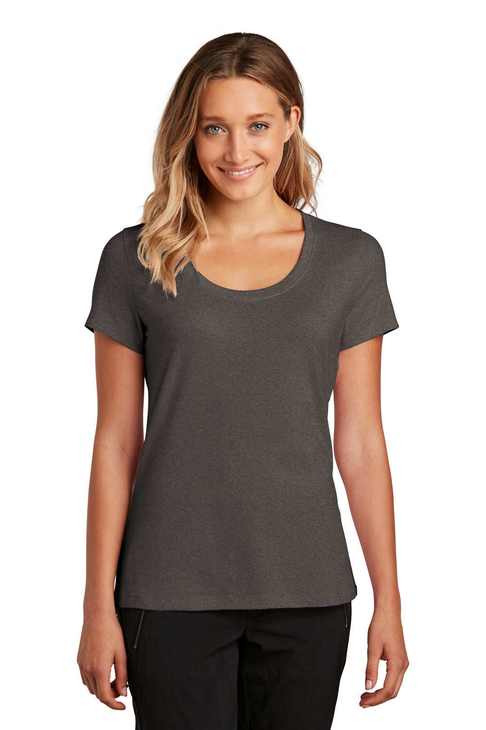 District DT7501 Womens Flex Short Sleeve Scoop Neck T-Shirt Heather Charcoal Grey Model Front