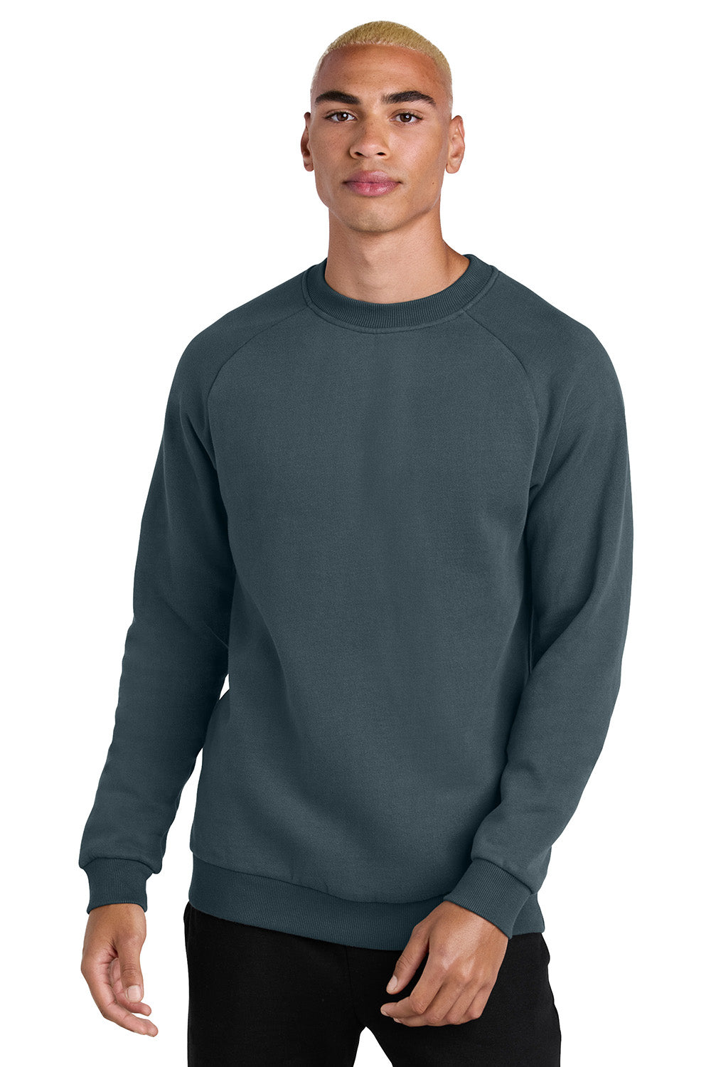 District DT7804 Mens Cloud Fleece Crewneck Sweatshirt Deep Steel Blue Model Front