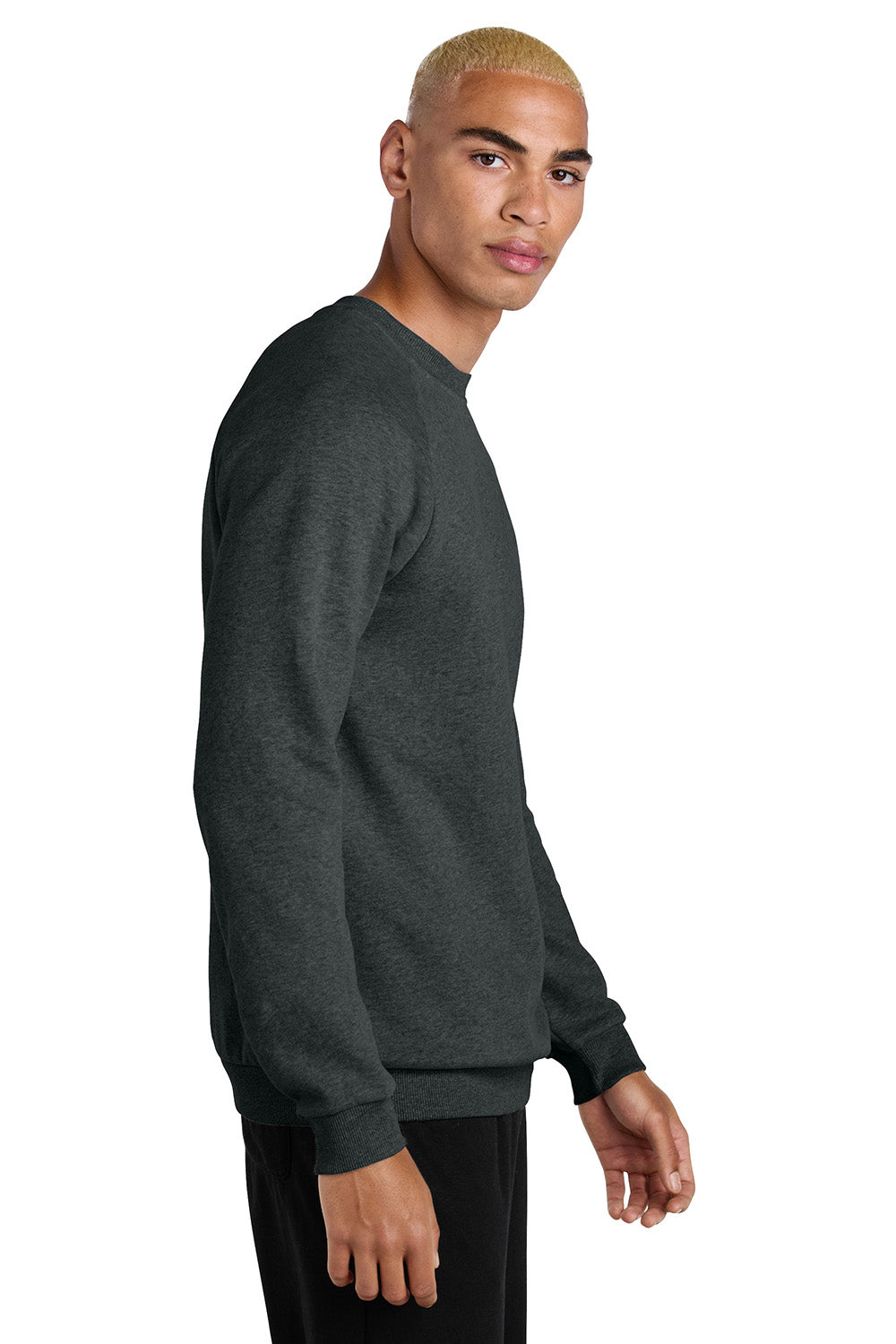 District DT7804 Mens Cloud Fleece Crewneck Sweatshirt Heather Charcoal Grey Model Side