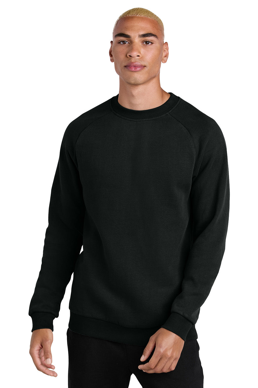 District DT7804 Mens Cloud Fleece Crewneck Sweatshirt Jet Black Model Front