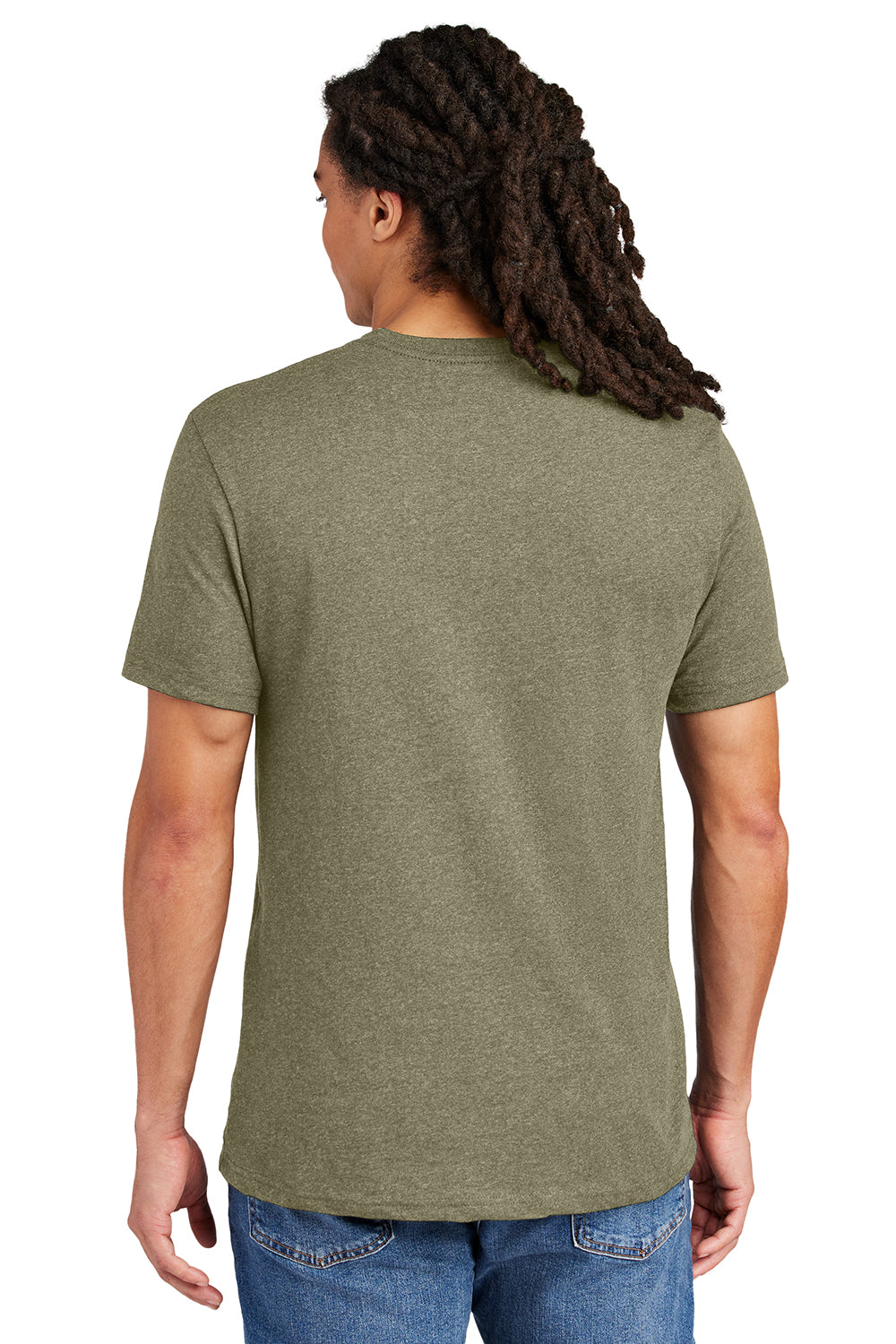 District DT8000 Mens Re-Tee Short Sleeve Crewneck T-Shirt Heather Light Olive Green Model Back