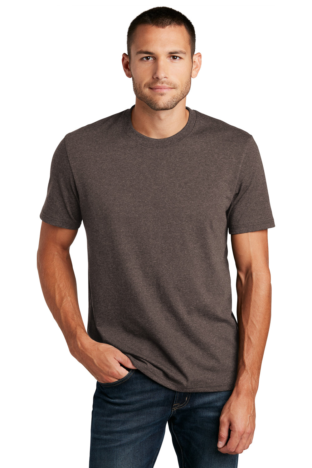 District DT8000 Mens Re-Tee Short Sleeve Crewneck T-Shirt Heather Deep Brown Model Front