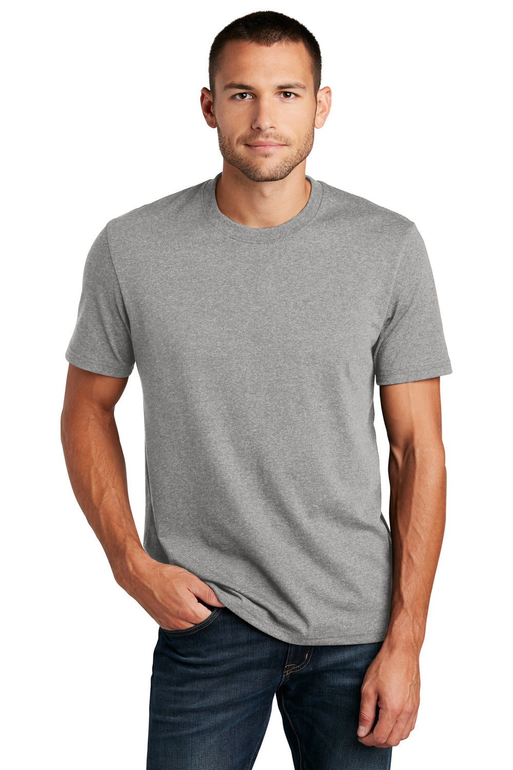 District DT8000 Mens Re-Tee Short Sleeve Crewneck T-Shirt Heather Light Grey Model Front