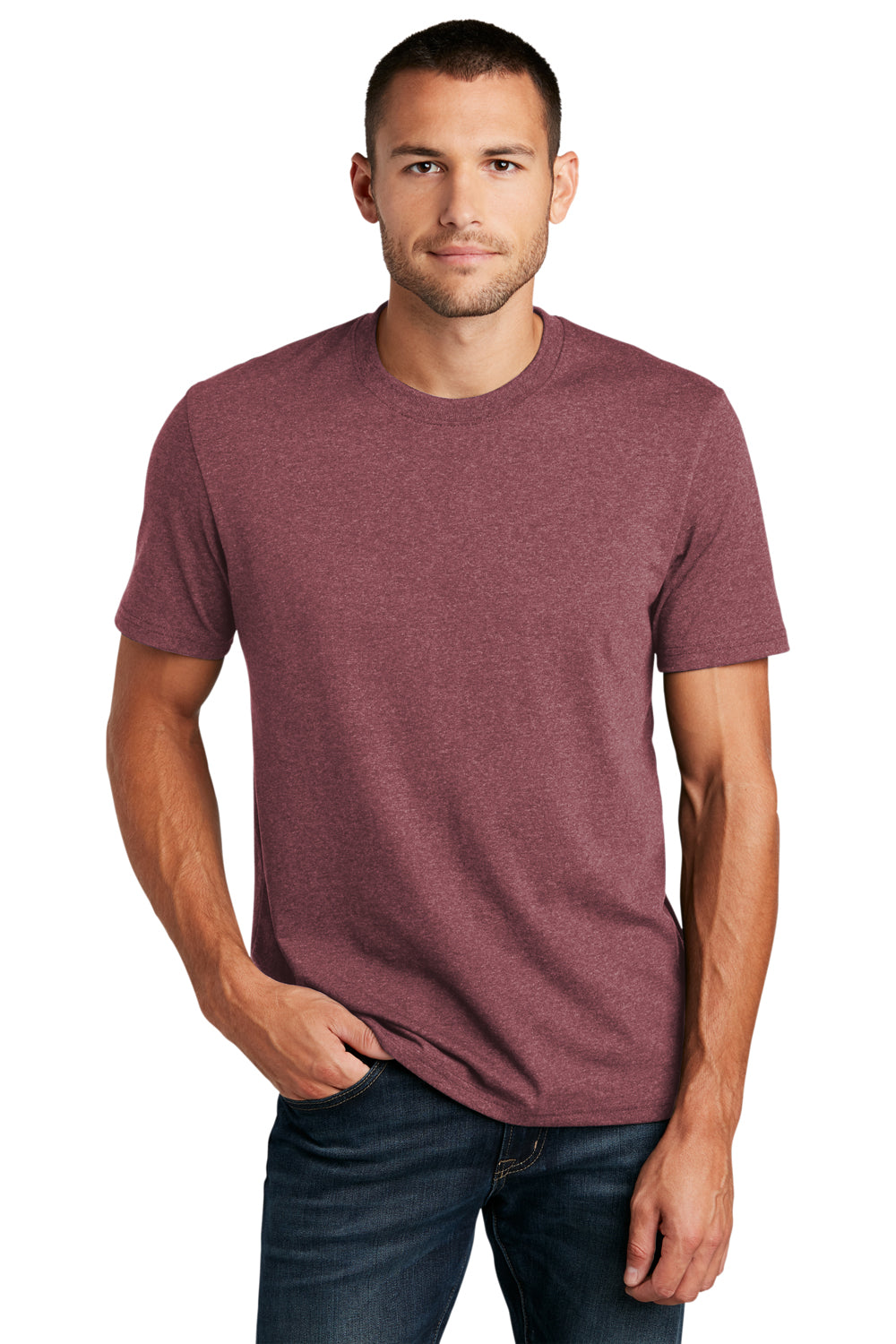 District DT8000 Mens Re-Tee Short Sleeve Crewneck T-Shirt Heather Maroon Model Front