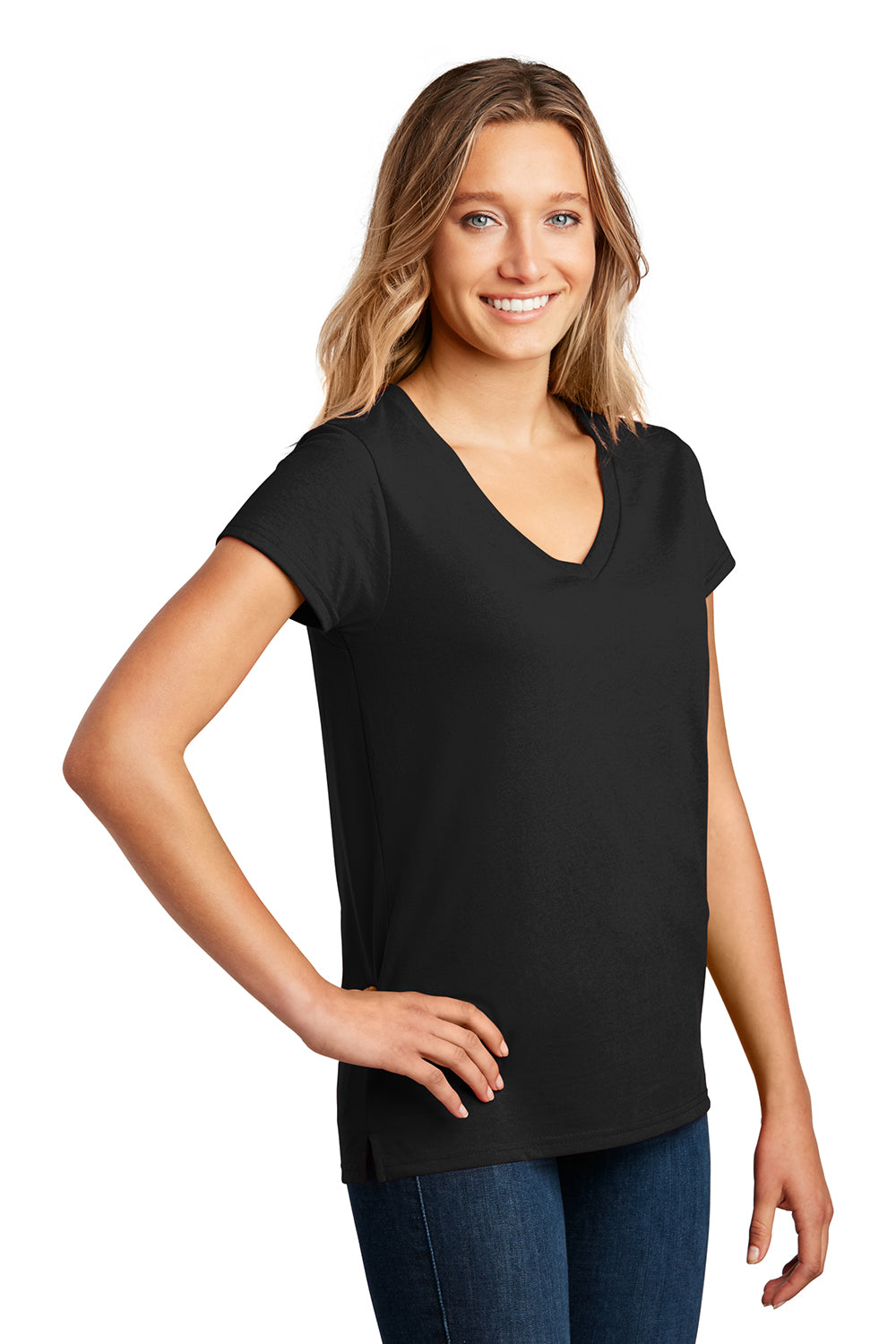 District DT8001 Womens Re-Tee Short Sleeve V-Neck T-Shirt Black Model 3q