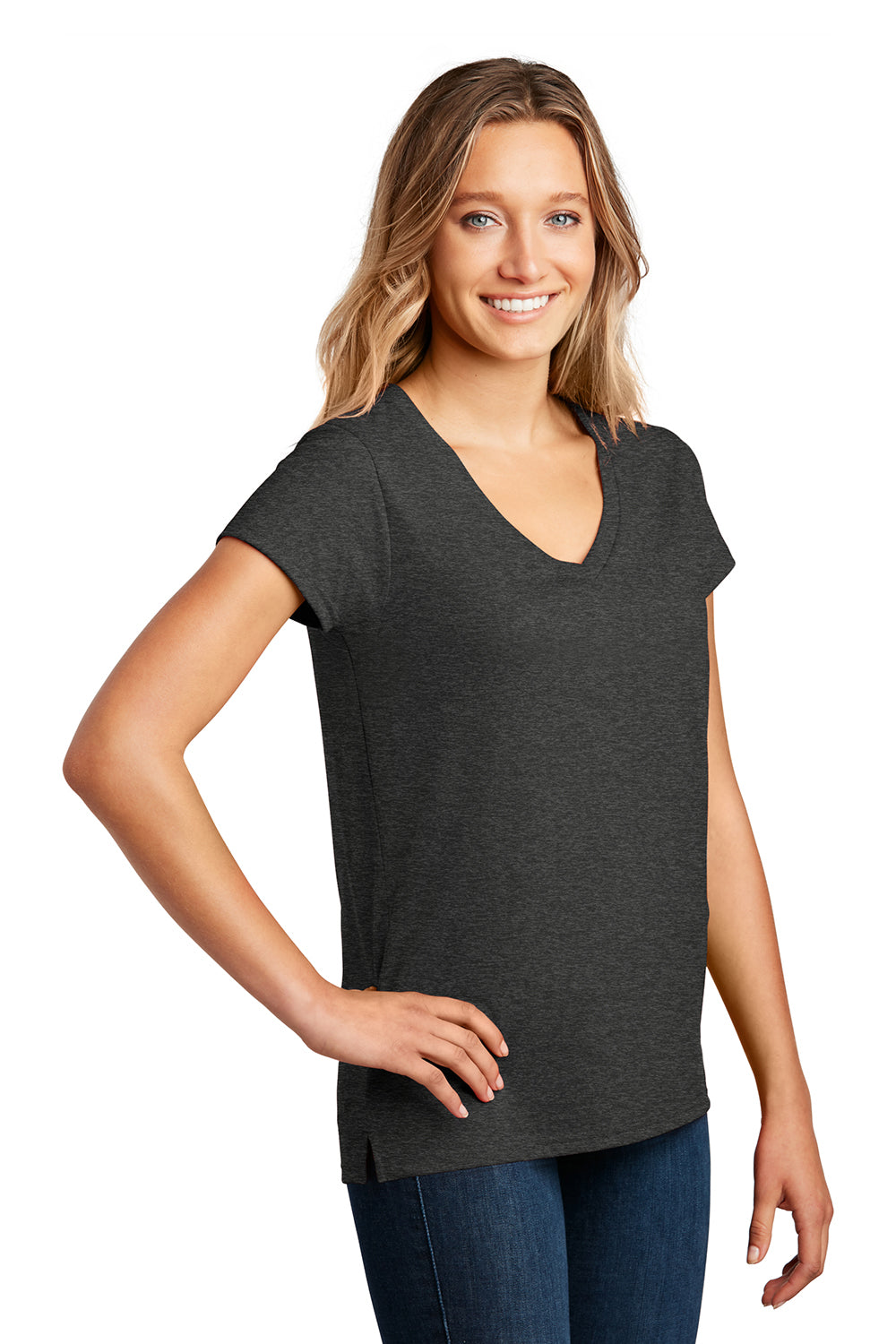 District DT8001 Womens Re-Tee Short Sleeve V-Neck T-Shirt Heather Charcoal Grey Model 3q