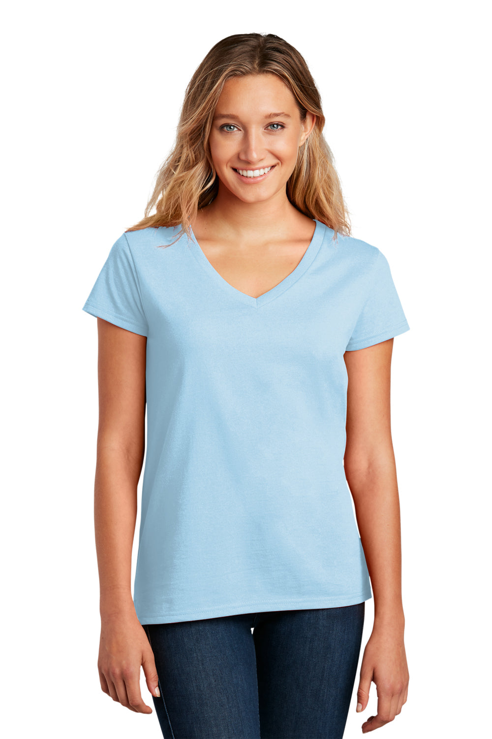 District DT8001 Womens Re-Tee Short Sleeve V-Neck T-Shirt Crystal Blue Model Front