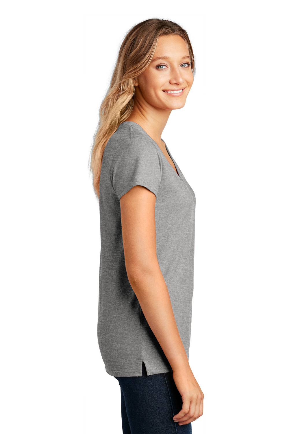 District DT8001 Womens Re-Tee Short Sleeve V-Neck T-Shirt Heather Light Grey Model Side