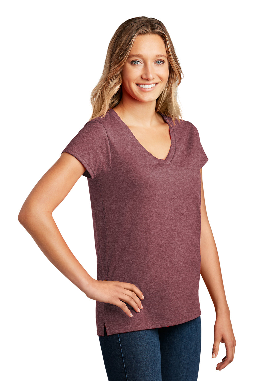 District DT8001 Womens Re-Tee Short Sleeve V-Neck T-Shirt Heather Maroon Model 3q