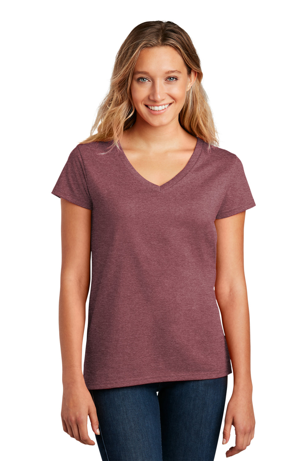 District DT8001 Womens Re-Tee Short Sleeve V-Neck T-Shirt Heather Maroon Model Front