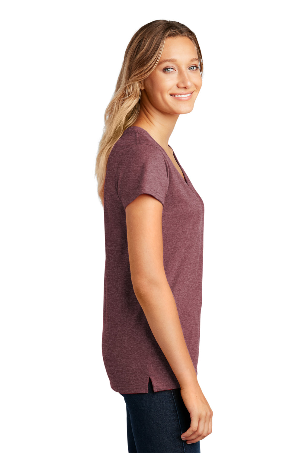 District DT8001 Womens Re-Tee Short Sleeve V-Neck T-Shirt Heather Maroon Model Side