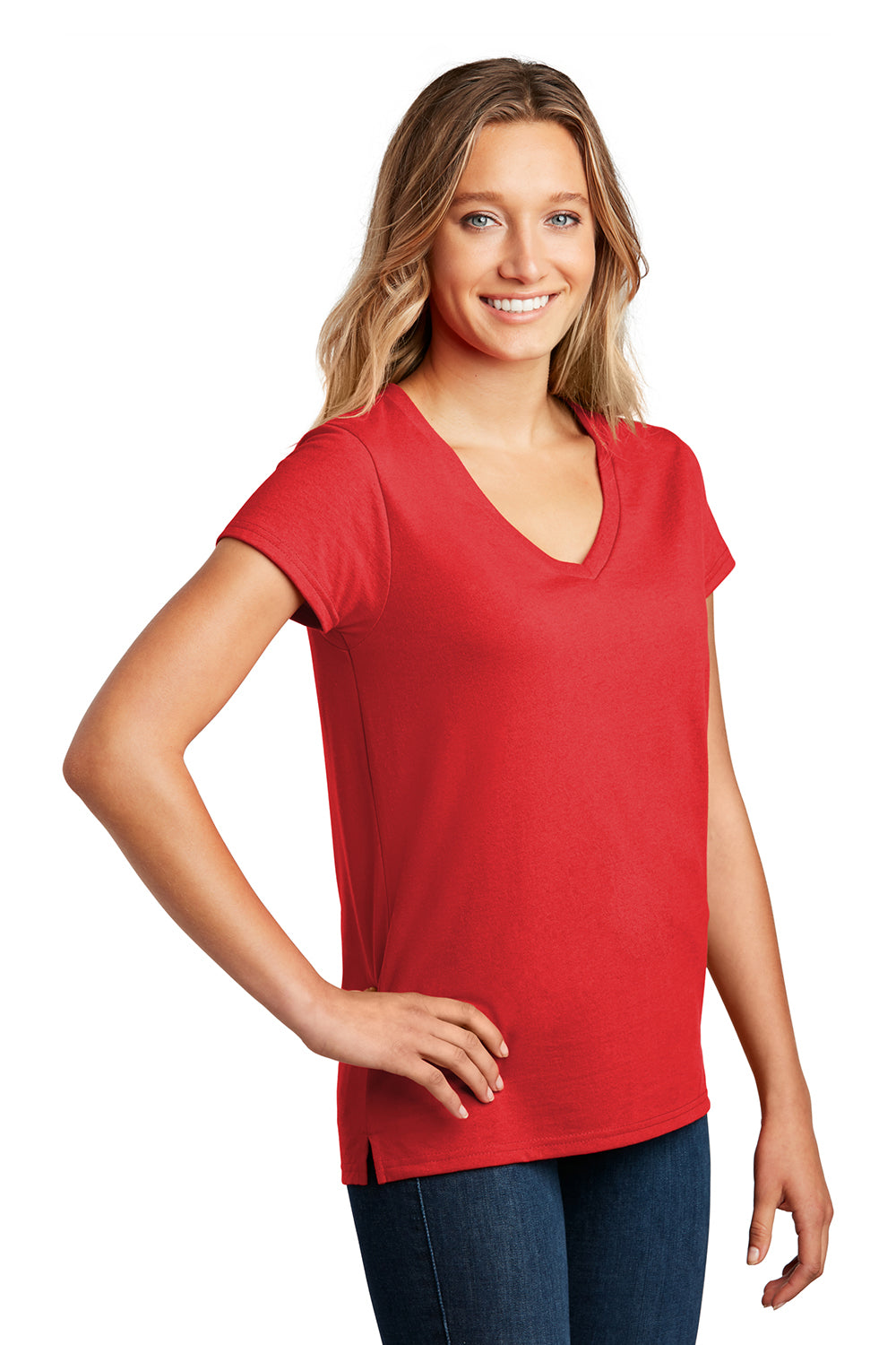 District DT8001 Womens Re-Tee Short Sleeve V-Neck T-Shirt Ruby Red Model 3q