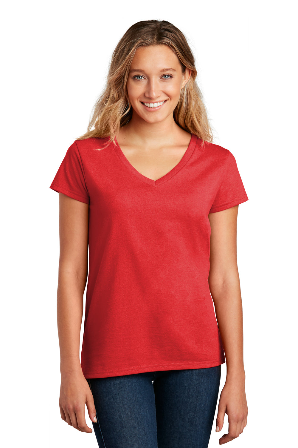 District DT8001 Womens Re-Tee Short Sleeve V-Neck T-Shirt Ruby Red Model Front