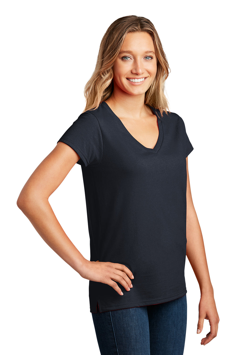 District DT8001 Womens Re-Tee Short Sleeve V-Neck T-Shirt True Navy Blue  Model 3q