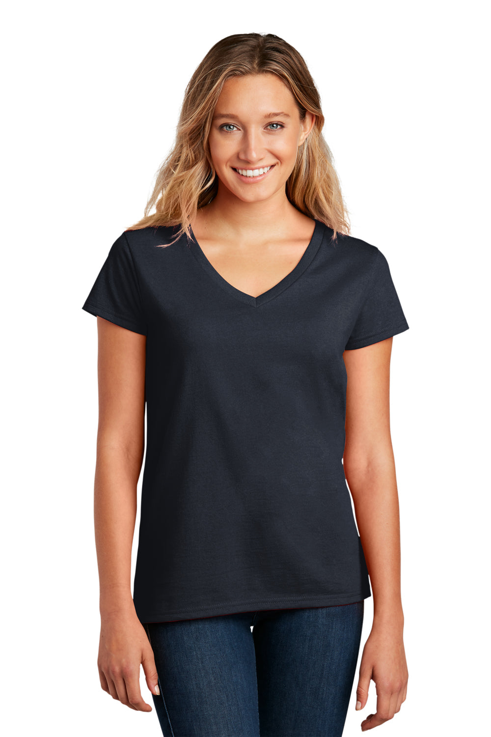 District DT8001 Womens Re-Tee Short Sleeve V-Neck T-Shirt True Navy Blue  Model Front