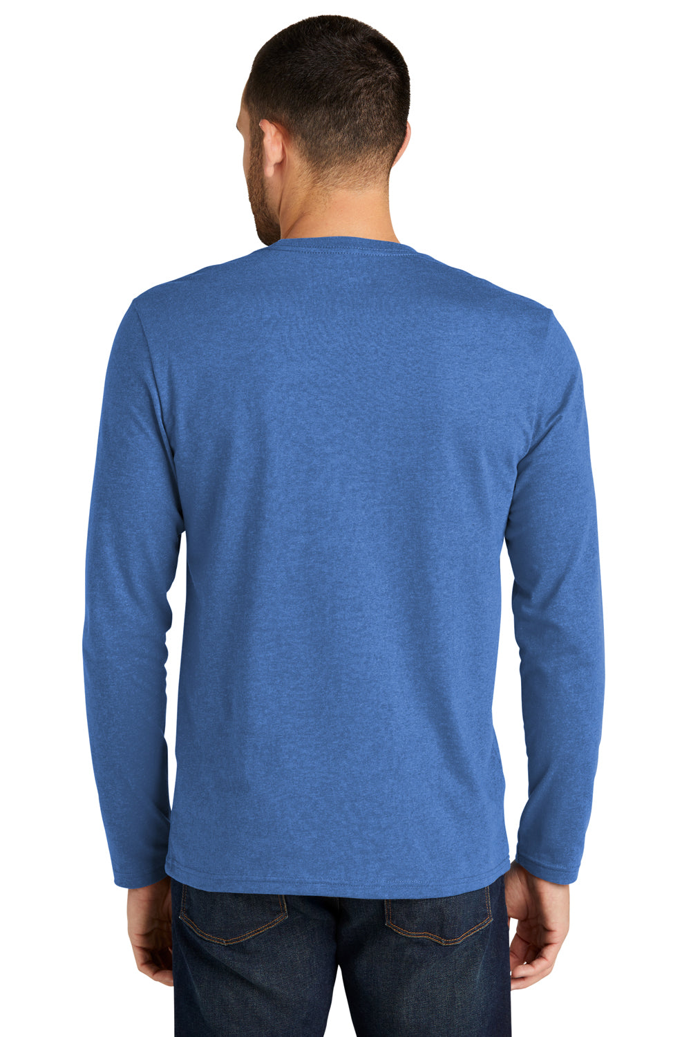 District DT8003 Mens Re-Tee Long Sleeve Crewneck T-Shirt Heather Blue Model Back