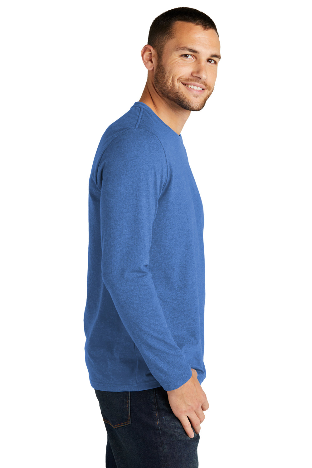 District DT8003 Mens Re-Tee Long Sleeve Crewneck T-Shirt Heather Blue Model Side