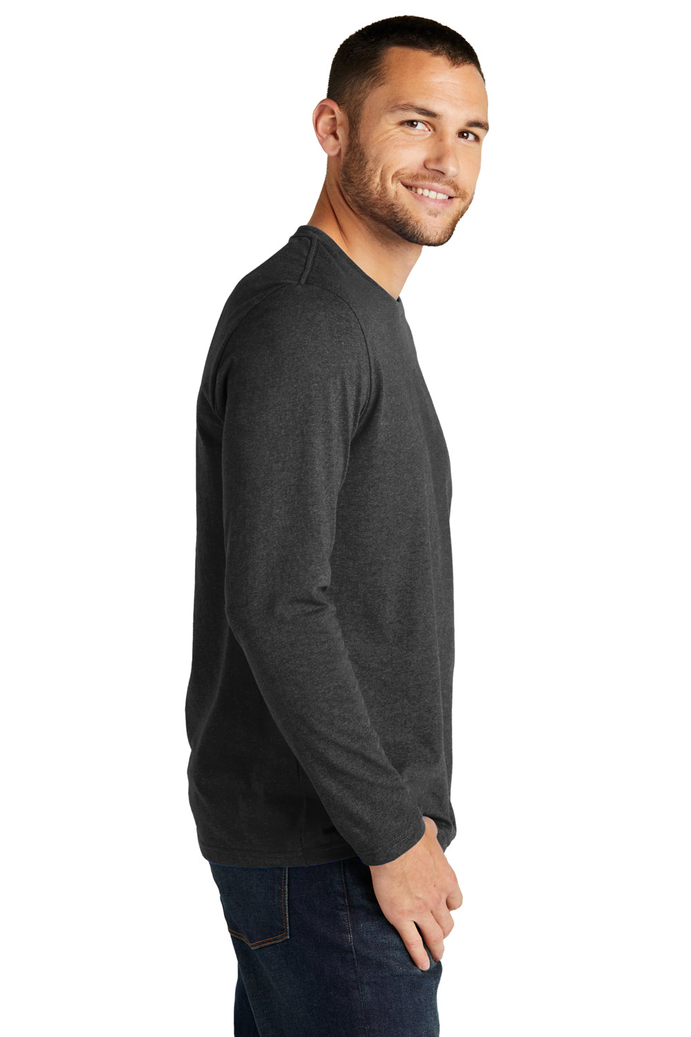 District DT8003 Mens Re-Tee Long Sleeve Crewneck T-Shirt Heather Charcoal Grey Model Side