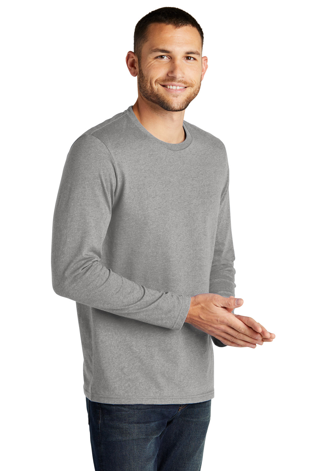 District DT8003 Mens Re-Tee Long Sleeve Crewneck T-Shirt Heather Light Grey Model 3q