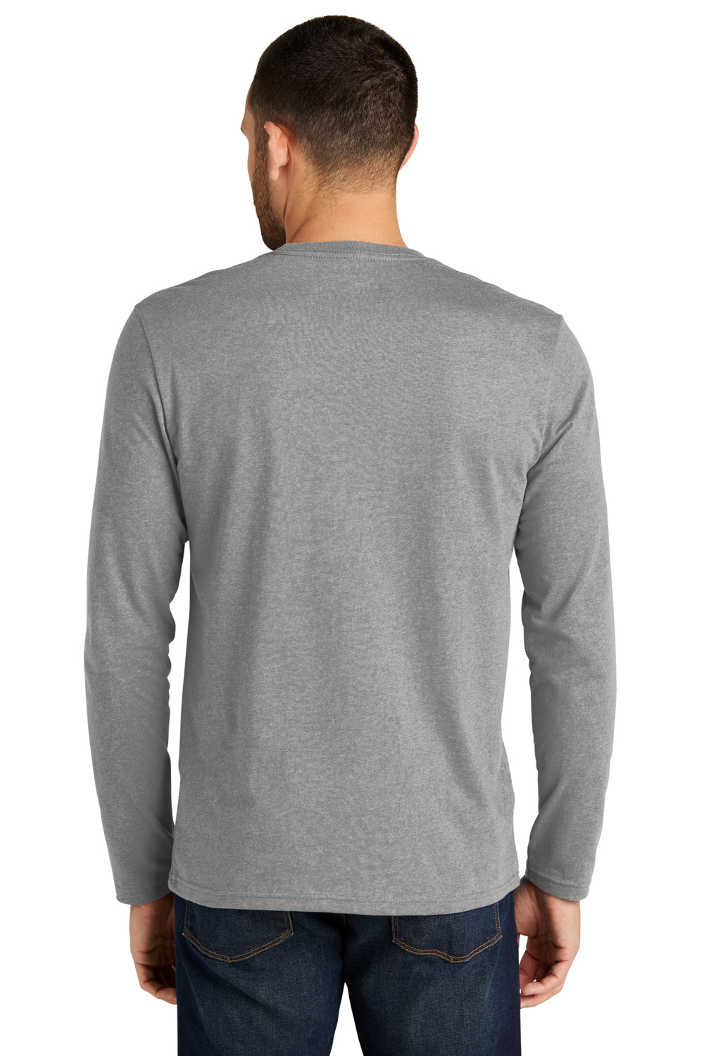 District DT8003 Mens Re-Tee Long Sleeve Crewneck T-Shirt Heather Light Grey Model Back