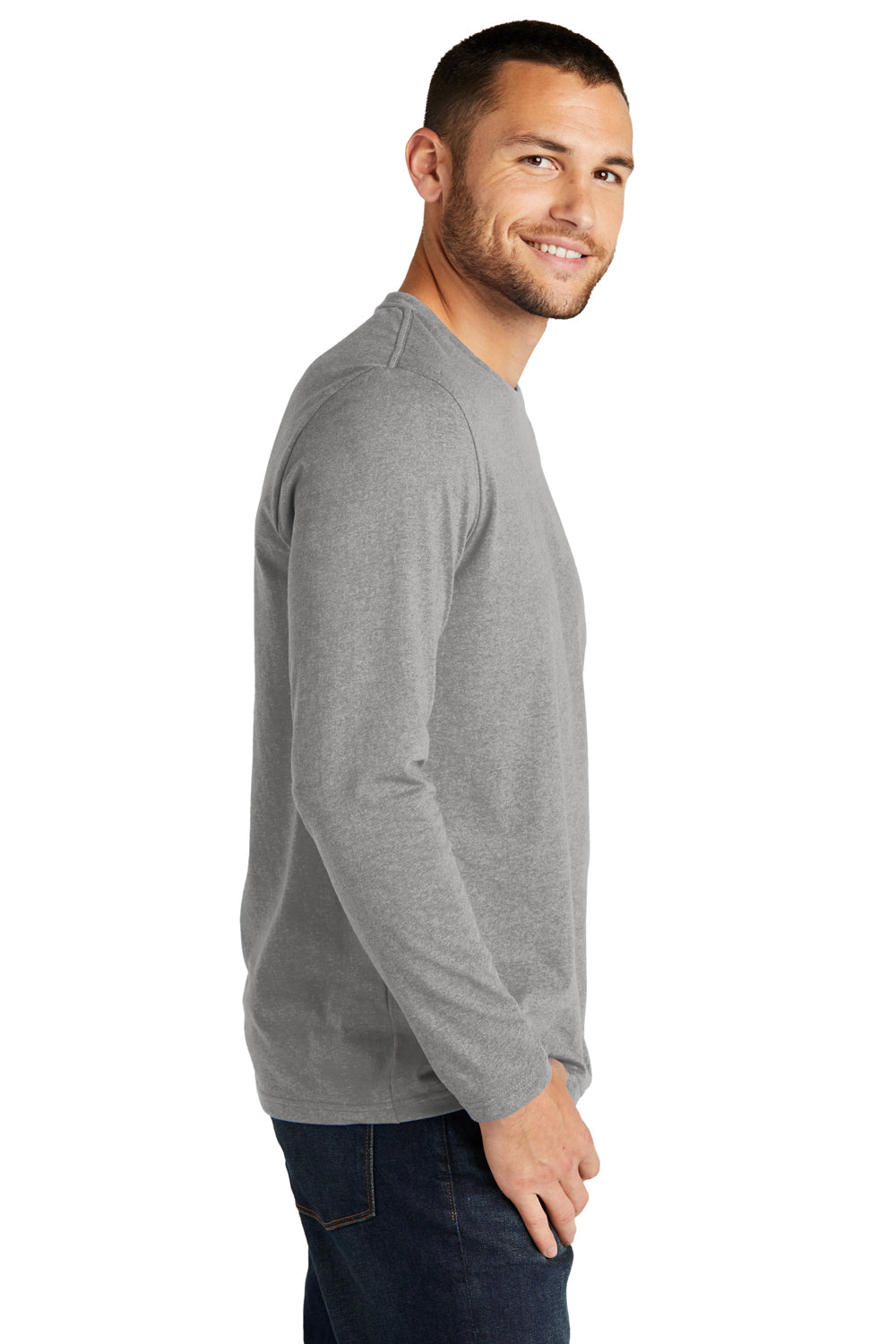 District DT8003 Mens Re-Tee Long Sleeve Crewneck T-Shirt Heather Light Grey Model Side