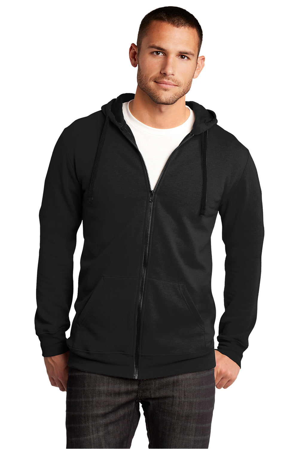 District DT800 Mens The Concert Fleece Full Zip Hooded Sweatshirt Hoodie Black Model Front