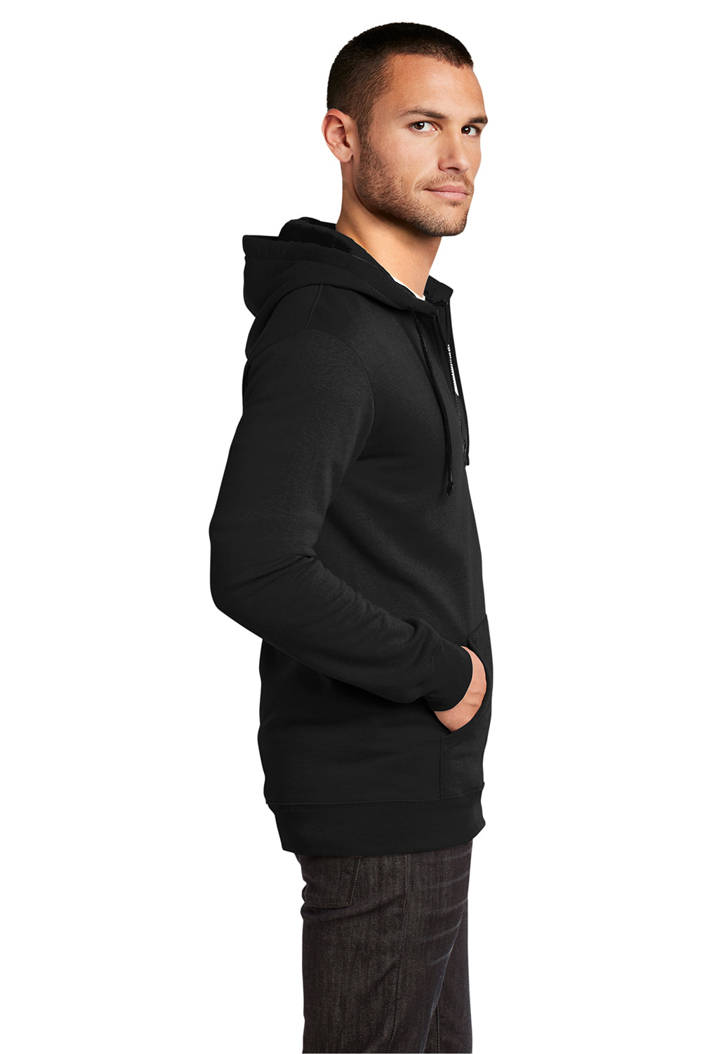 District DT800 Mens The Concert Fleece Full Zip Hooded Sweatshirt Hoodie Black Model Side