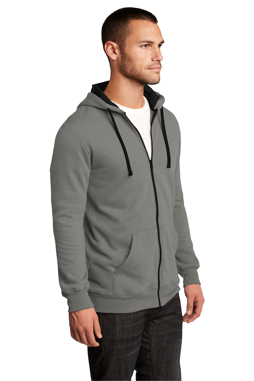 District DT800 Mens The Concert Fleece Full Zip Hooded Sweatshirt Hoodie Grey Model 3q