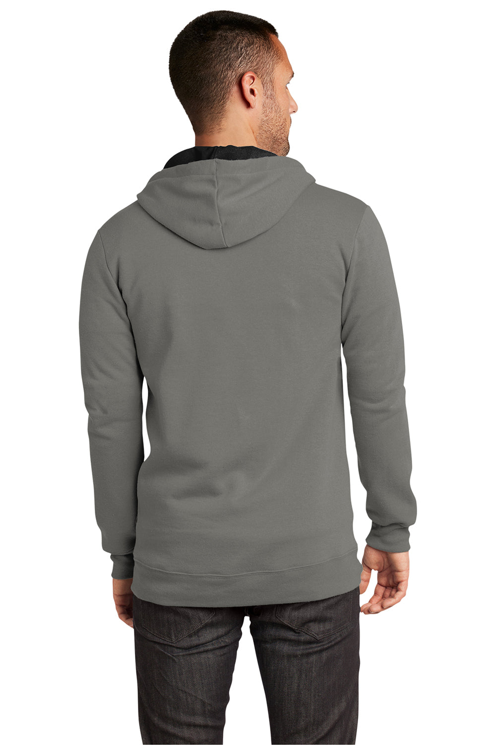 District DT800 Mens The Concert Fleece Full Zip Hooded Sweatshirt Hoodie Grey Model Back