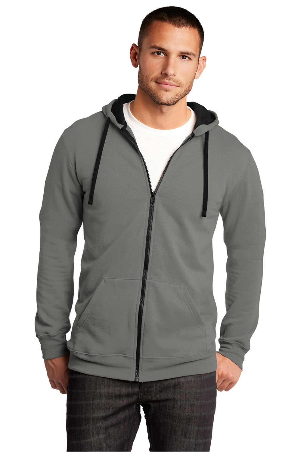 District DT800 Mens The Concert Fleece Full Zip Hooded Sweatshirt Hoodie Grey Model Front