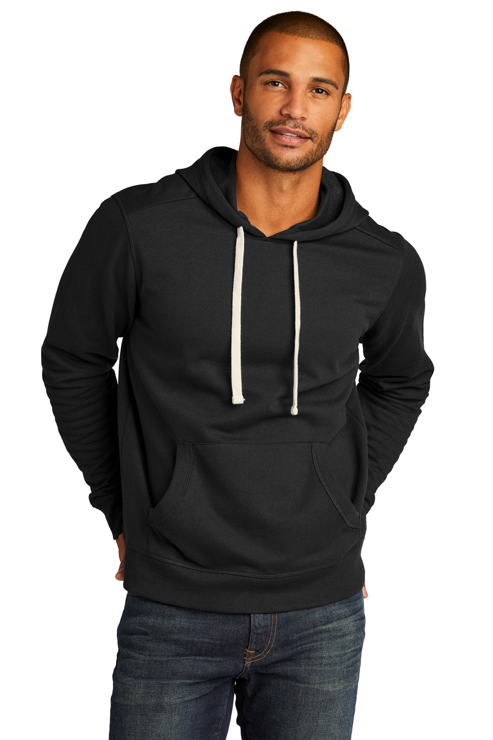 District DT8100 Mens Re-Fleece Hooded Sweatshirt Hoodie Black Model Front