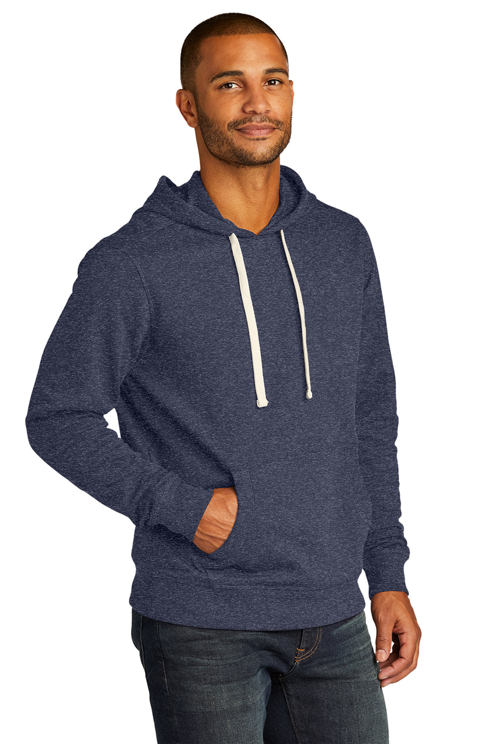 District DT8100 Mens Re-Fleece Hooded Sweatshirt Hoodie Heather Navy Blue Model 3q