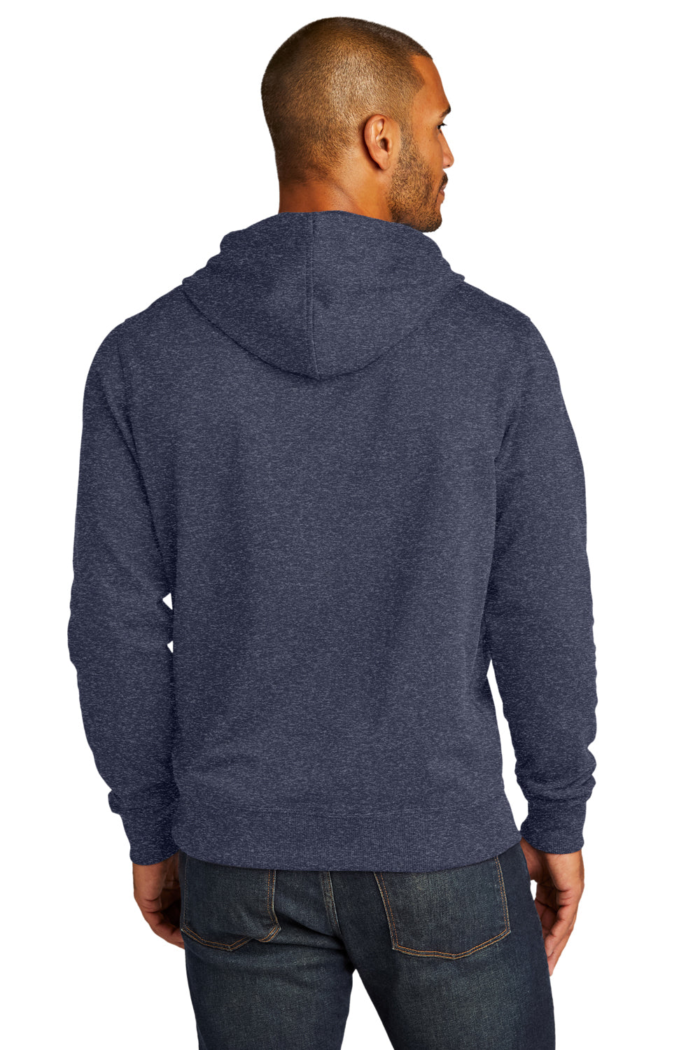 District DT8100 Mens Re-Fleece Hooded Sweatshirt Hoodie Heather Navy Blue Model Back